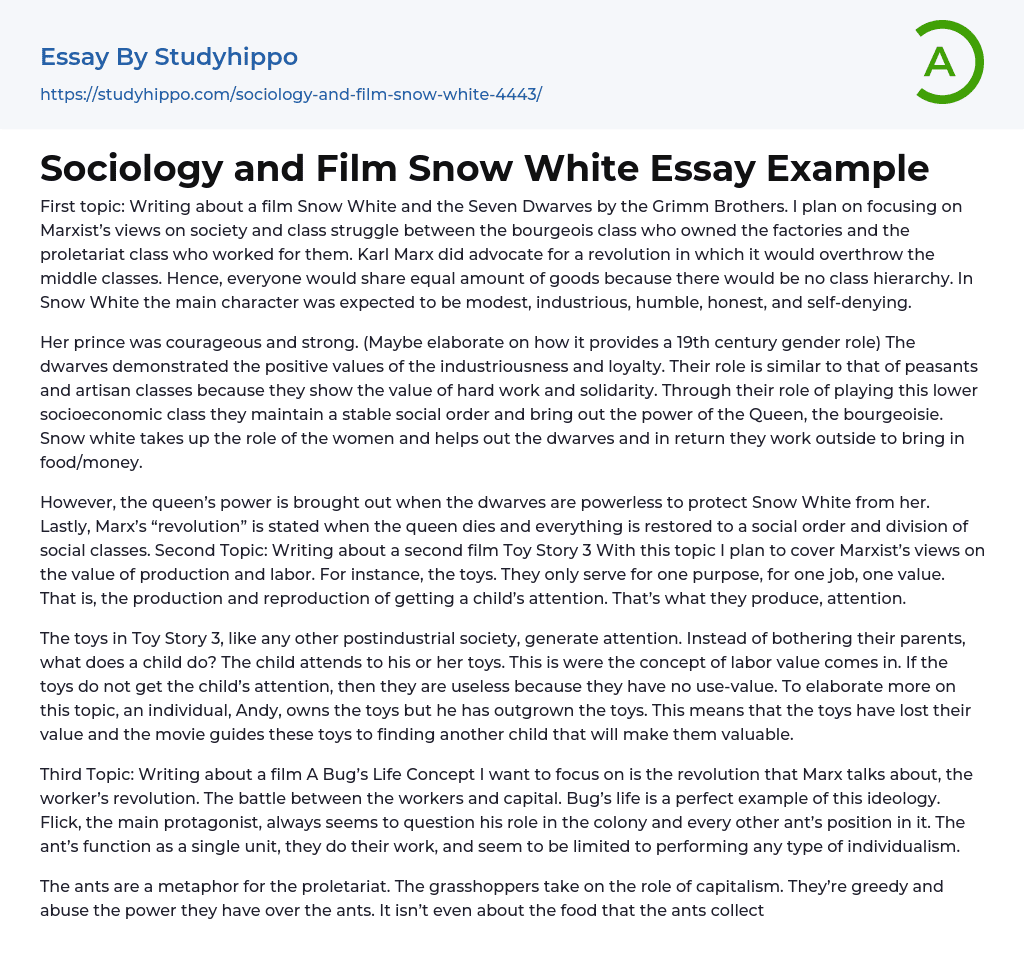 Sociology and Film Snow White Essay Example