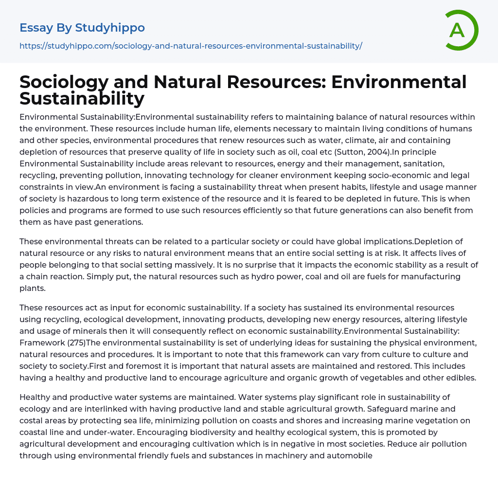 Sociology and Natural Resources: Environmental Sustainability Essay Example