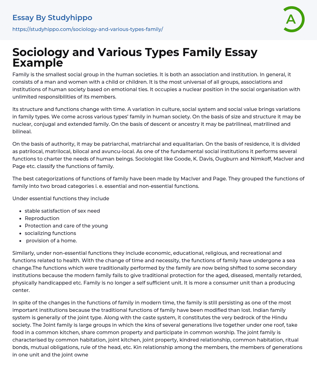 Sociology and Various Types Family Essay Example