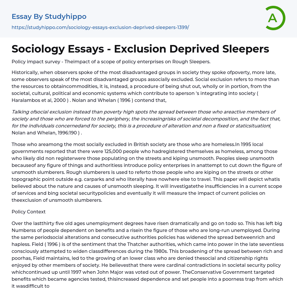 Sociology Essays – Exclusion Deprived Sleepers