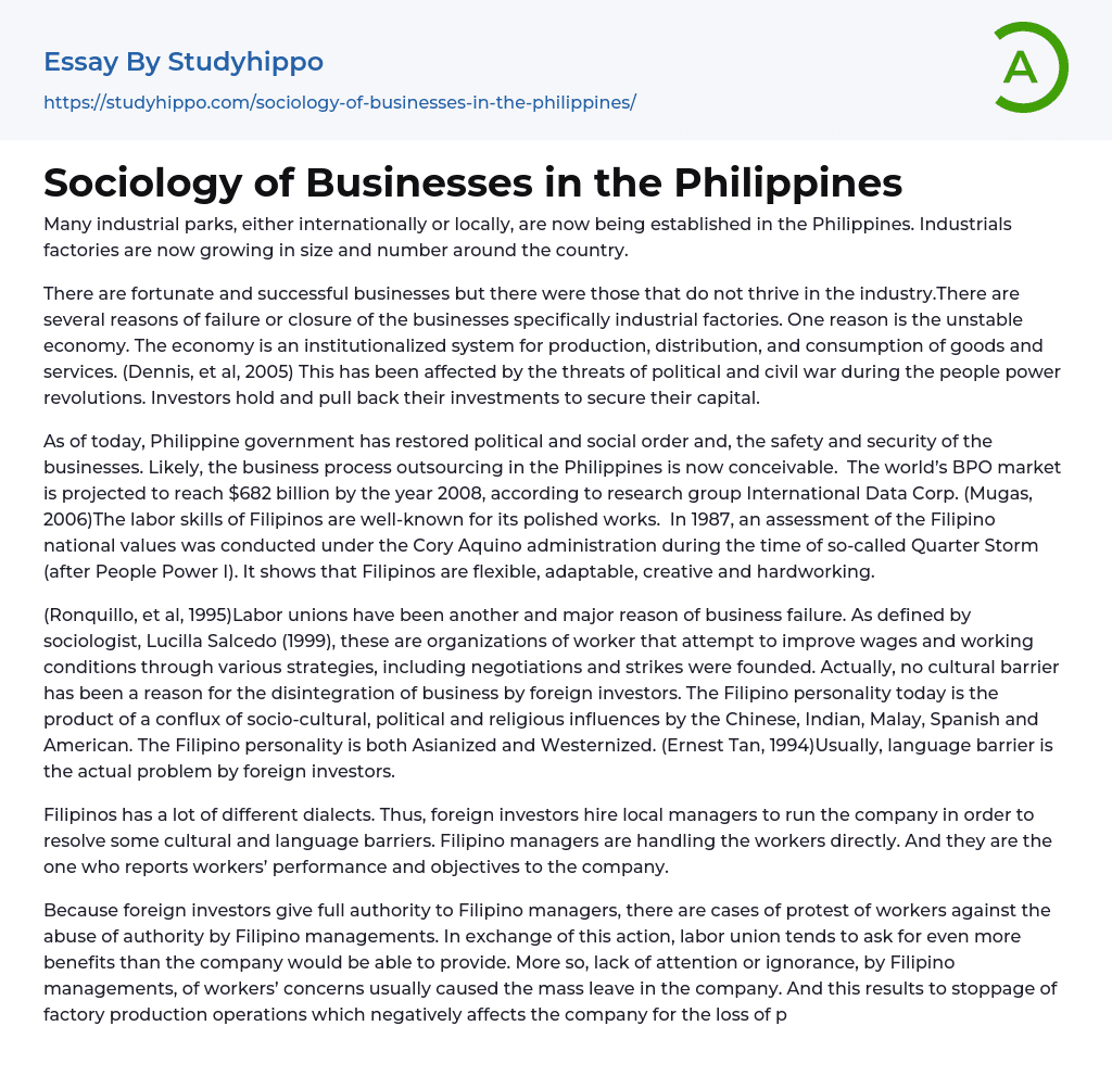 Sociology of Businesses in the Philippines Essay Example