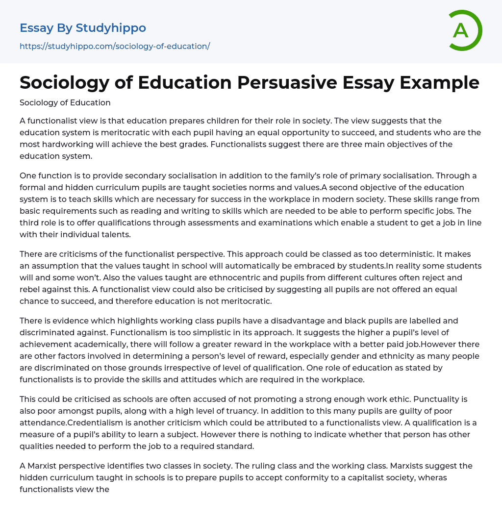 Sociology of Education Persuasive Essay Example