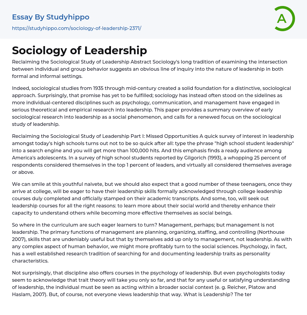 Sociology of Leadership Essay Example