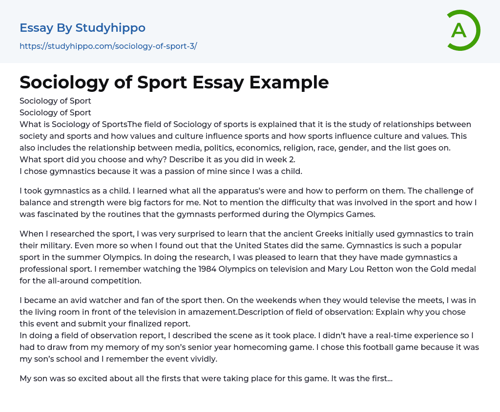 Sociology of Sport Essay Example