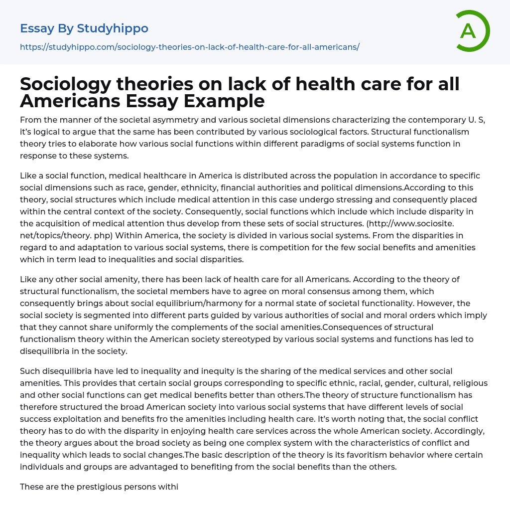 Sociology theories on lack of health care for all Americans Essay Example
