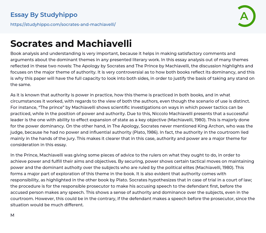 Socrates and Machiavelli Essay Example