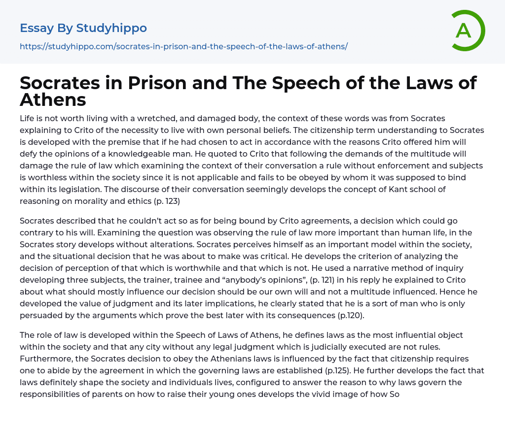 Socrates in Prison and The Speech of the Laws of Athens Essay Example