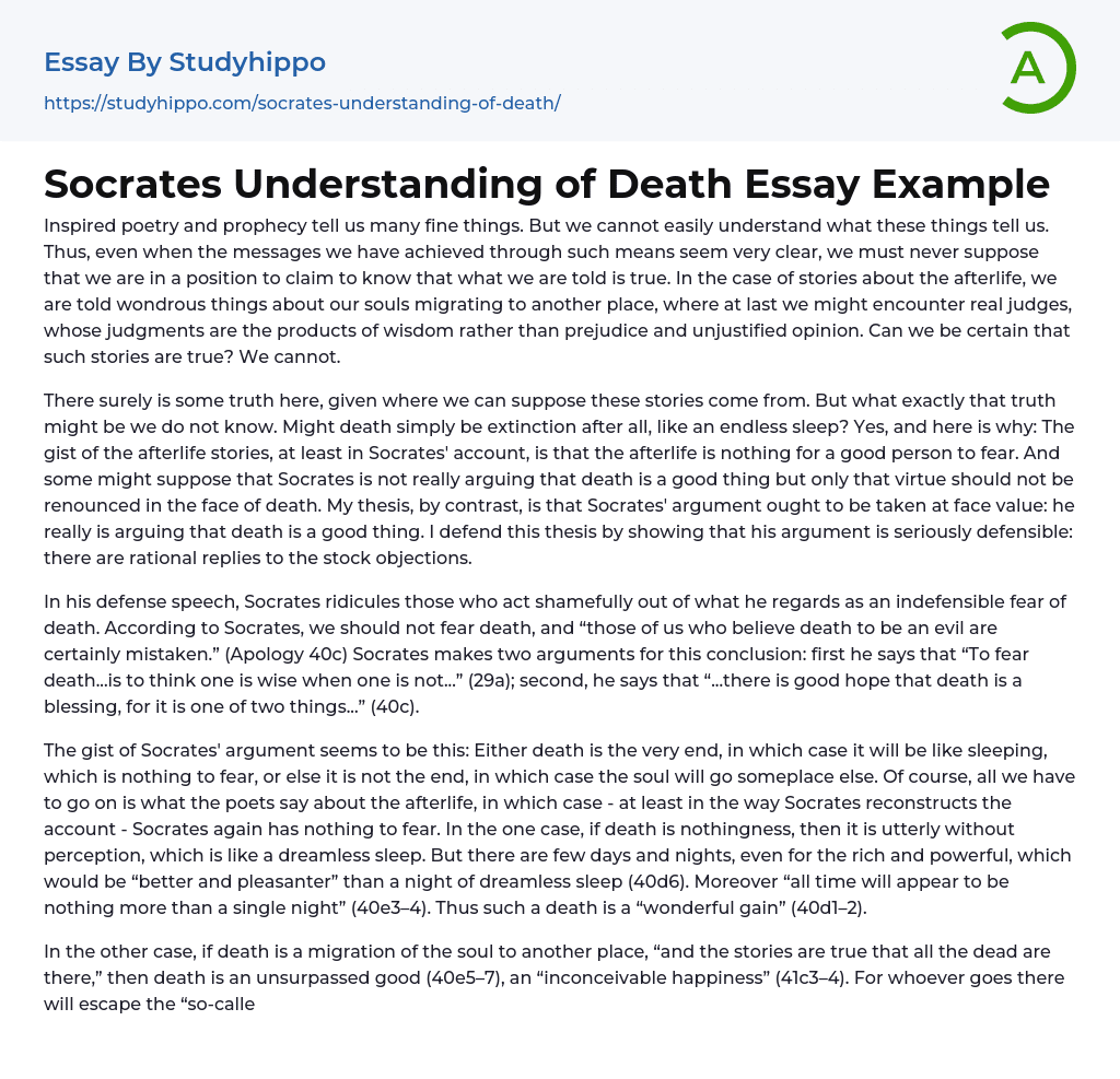Socrates Understanding of Death Essay Example