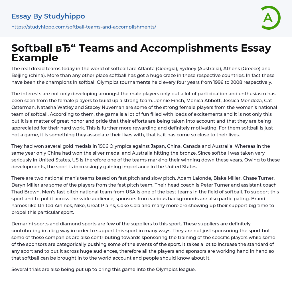 Softball Teams and Accomplishments Essay Example