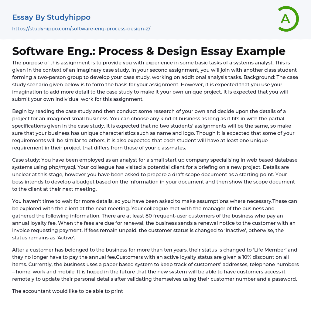 Software Eng.: Process & Design Essay Example
