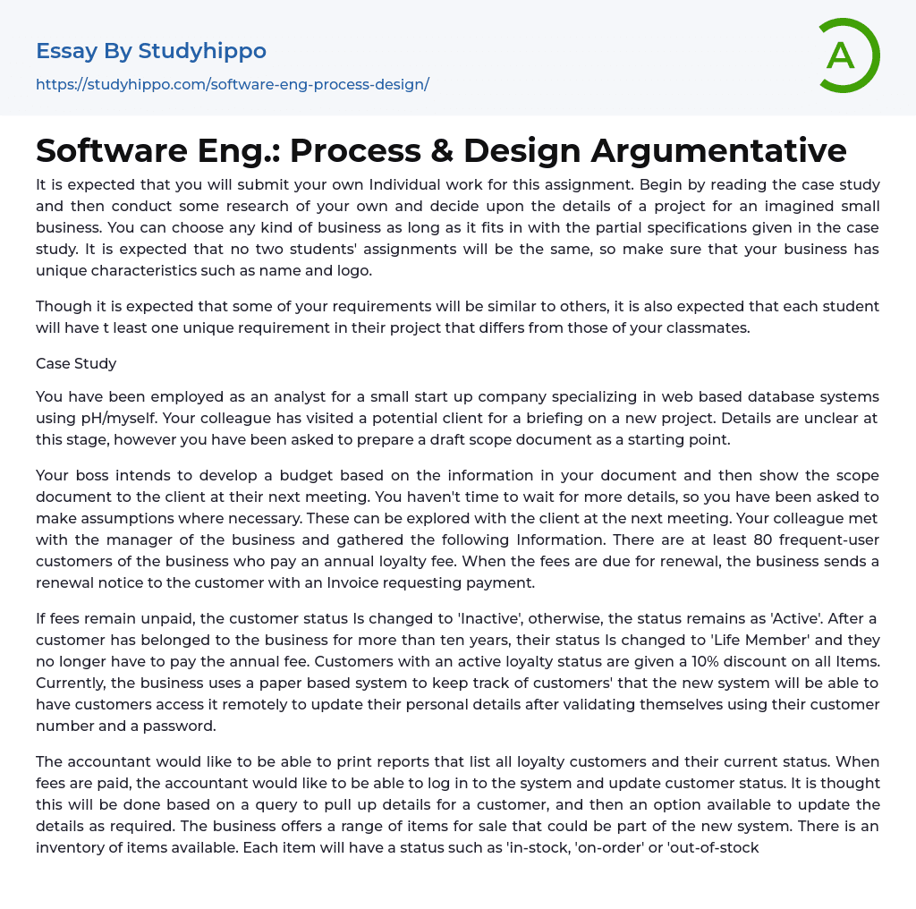 Software Eng.: Process & Design Argumentative Essay Example