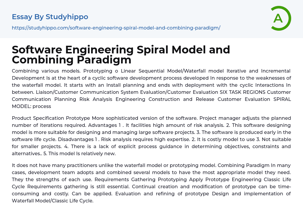 Software Engineering Spiral Model and Combining Paradigm Essay Example
