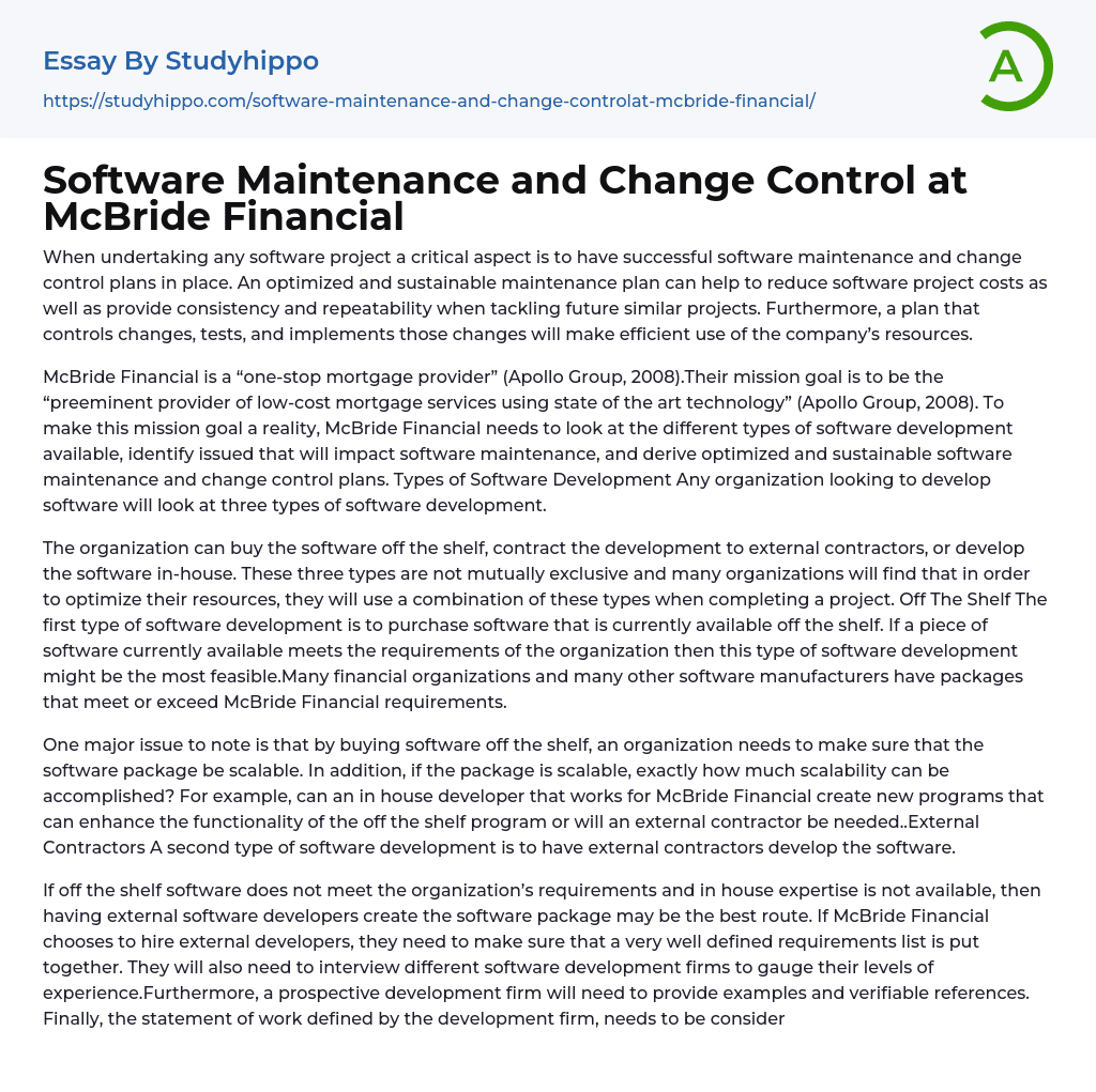 Software Maintenance and Change Control at McBride Financial Essay Example
