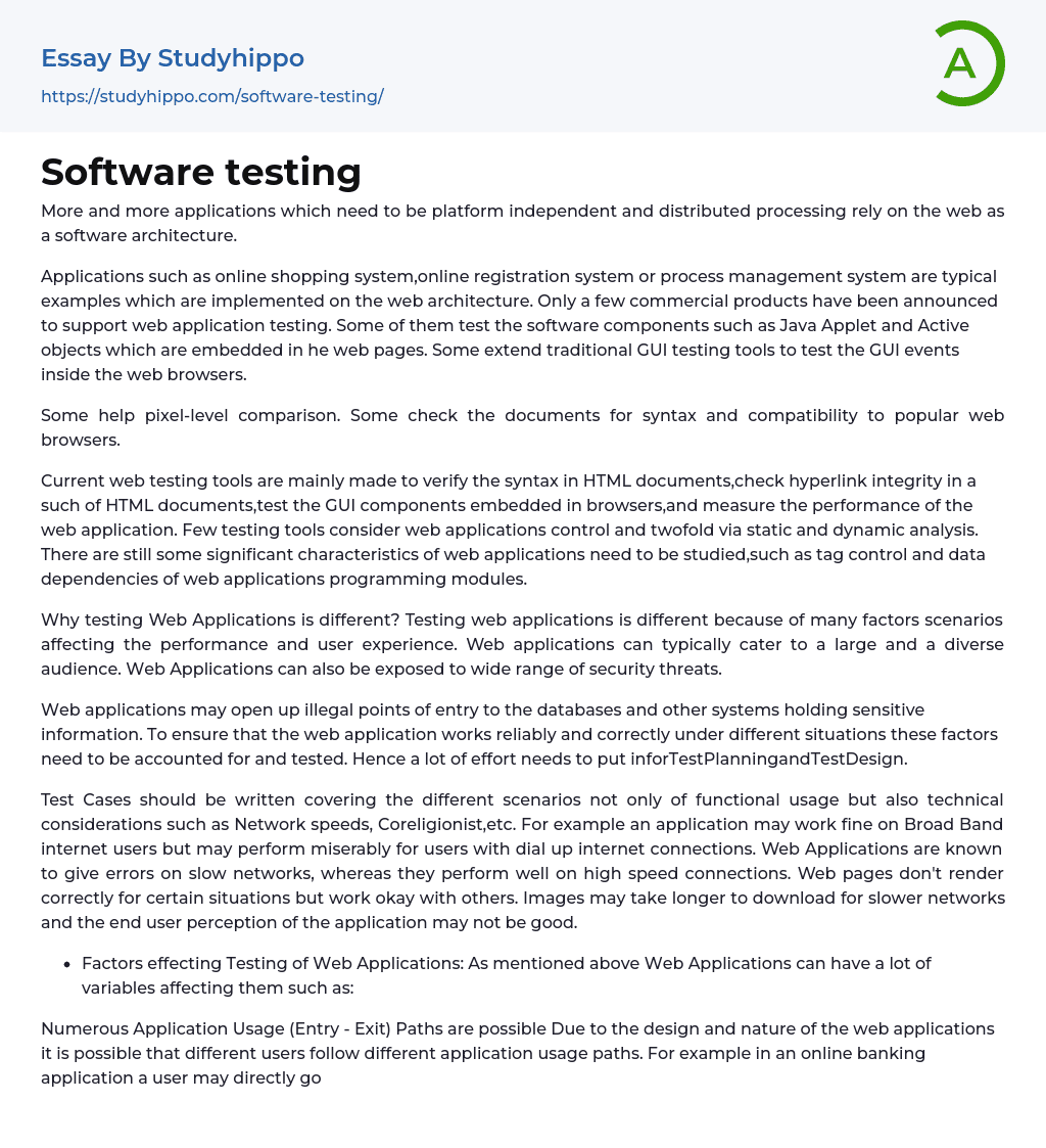 Software testing Essay Example