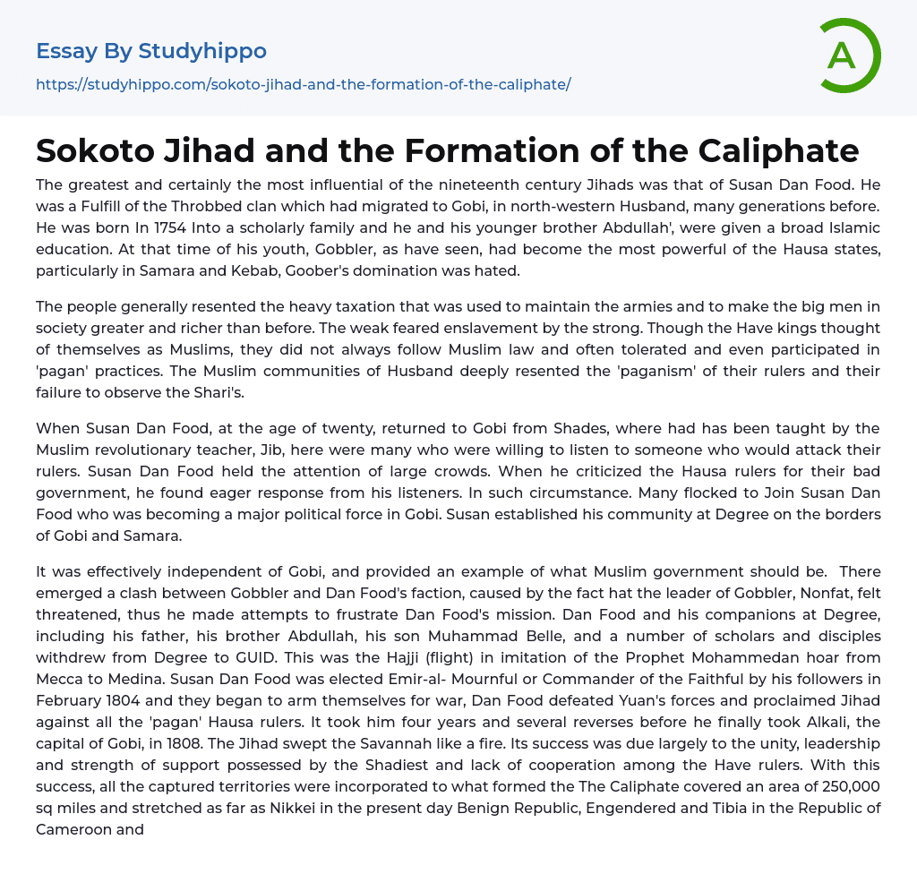 Sokoto Jihad and the Formation of the Caliphate Essay Example