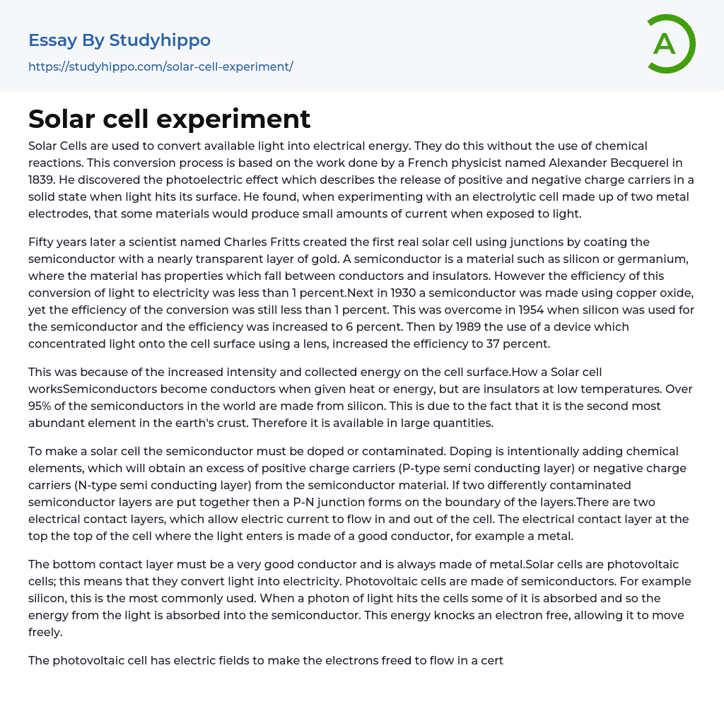Solar cell experiment Essay Example