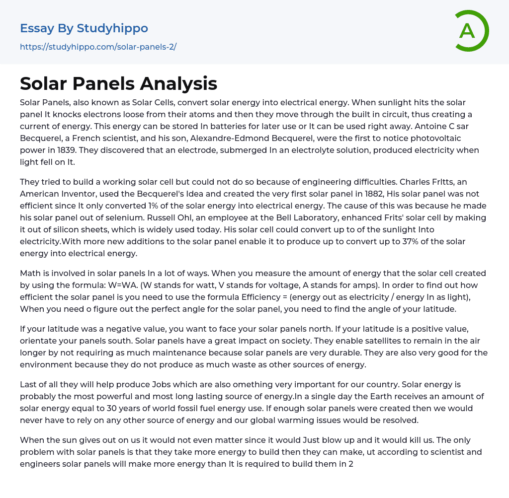 Solar Panels Analysis Essay Example