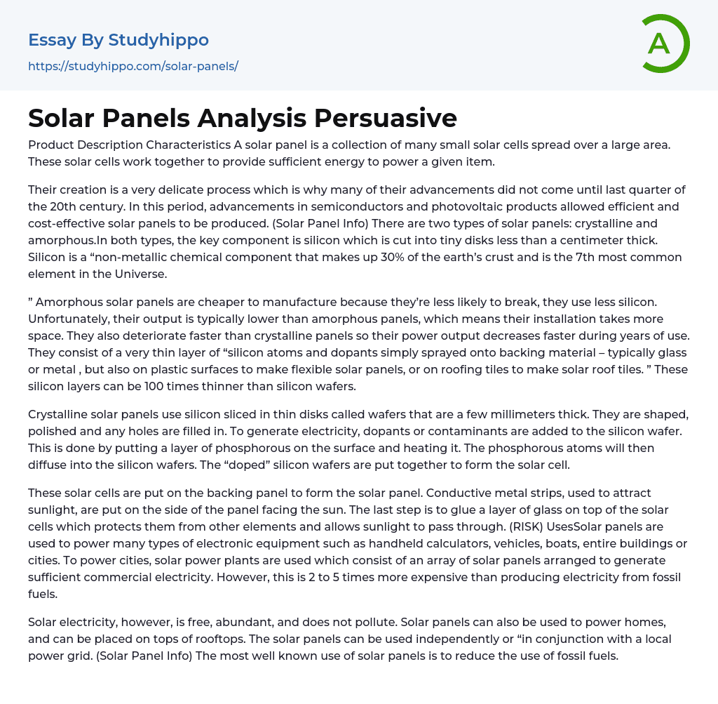 Solar Panels Analysis Persuasive Essay Example