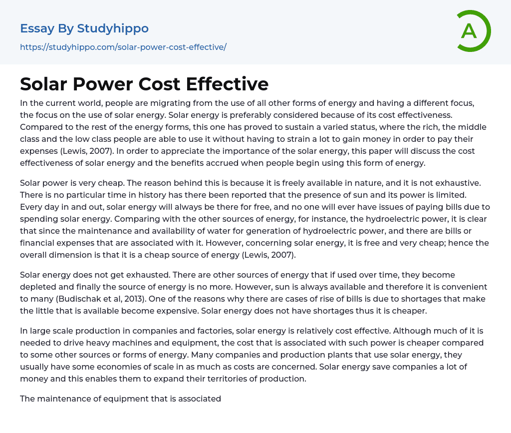 Solar Power Cost Effective Essay Example