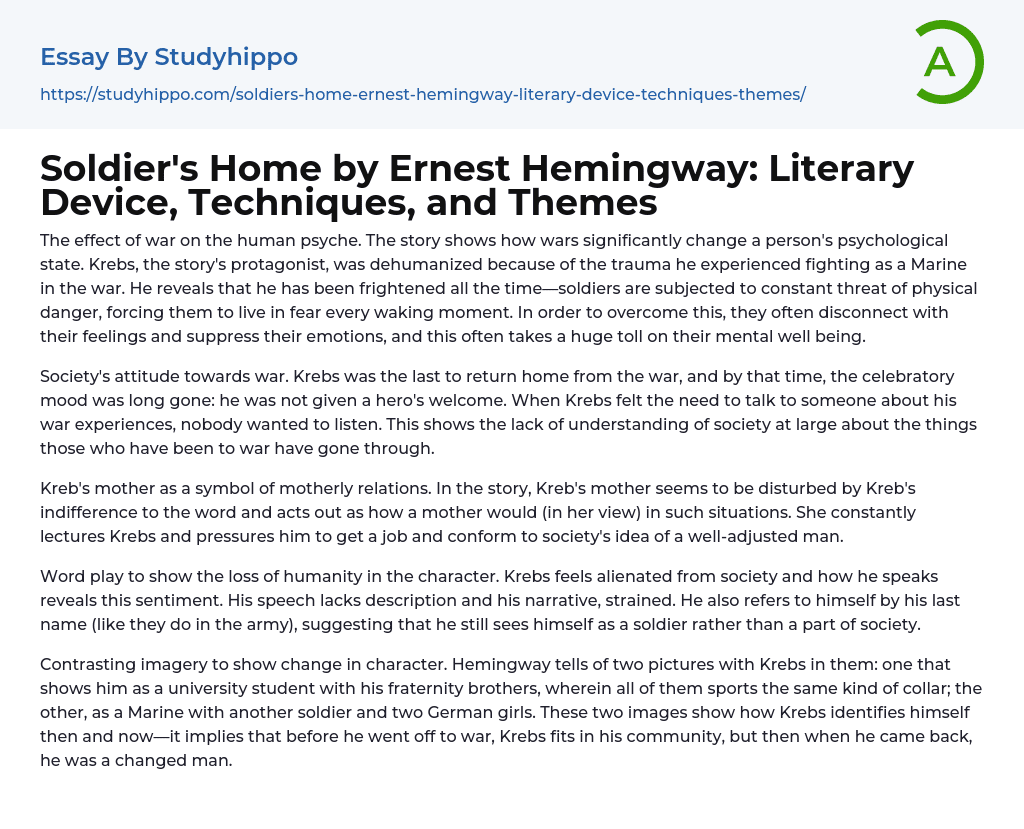 Soldier’s Home by Ernest Hemingway: Literary Device, Techniques, and Themes Essay Example