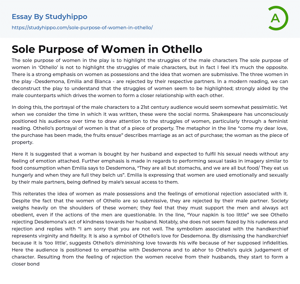 Sole Purpose of Women in Othello Essay Example