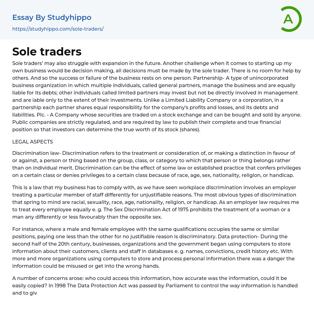 Sole traders Essay Example