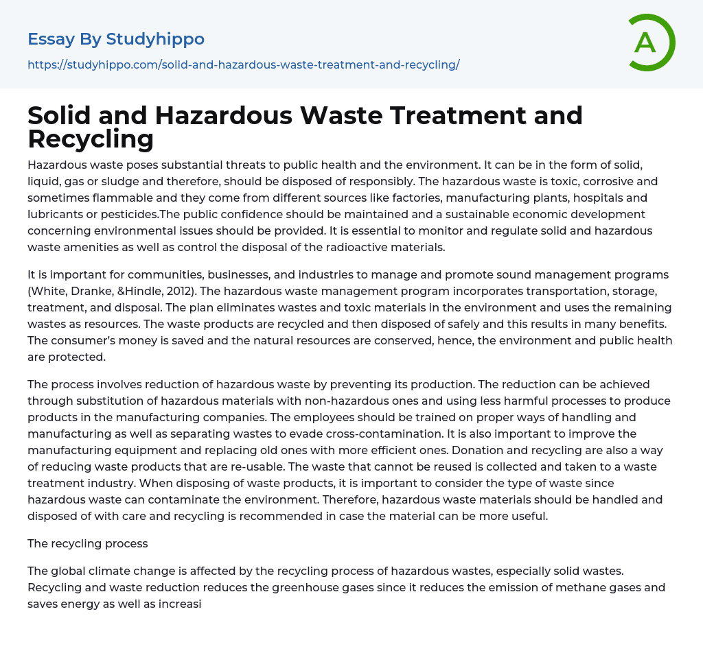 Solid and Hazardous Waste Treatment and Recycling Essay Example