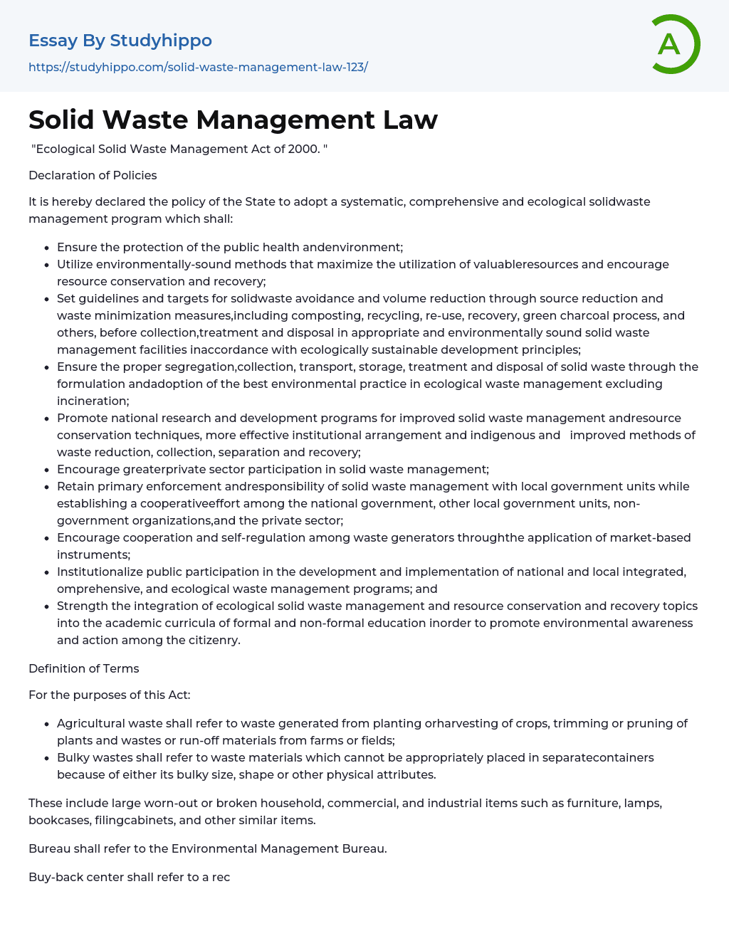 Solid Waste Management Law Essay Example