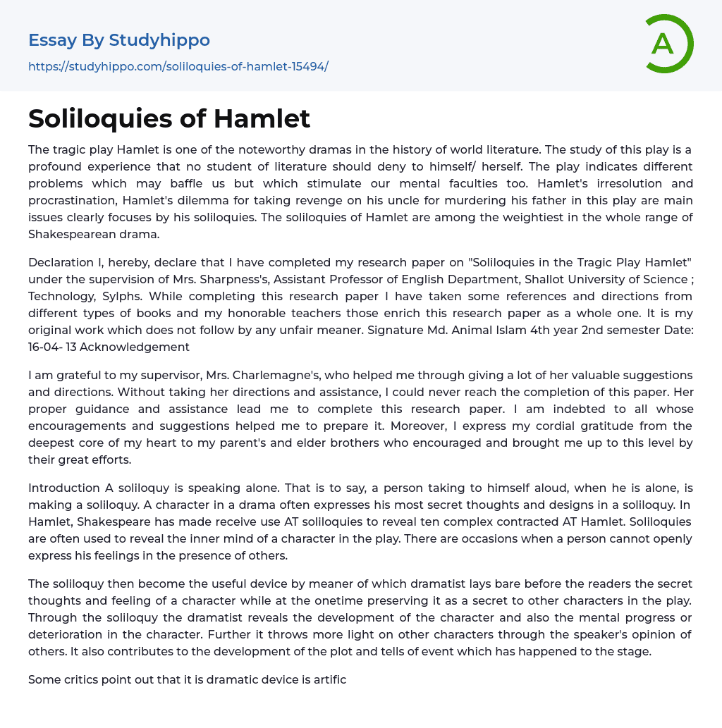Soliloquies of Hamlet Essay Example