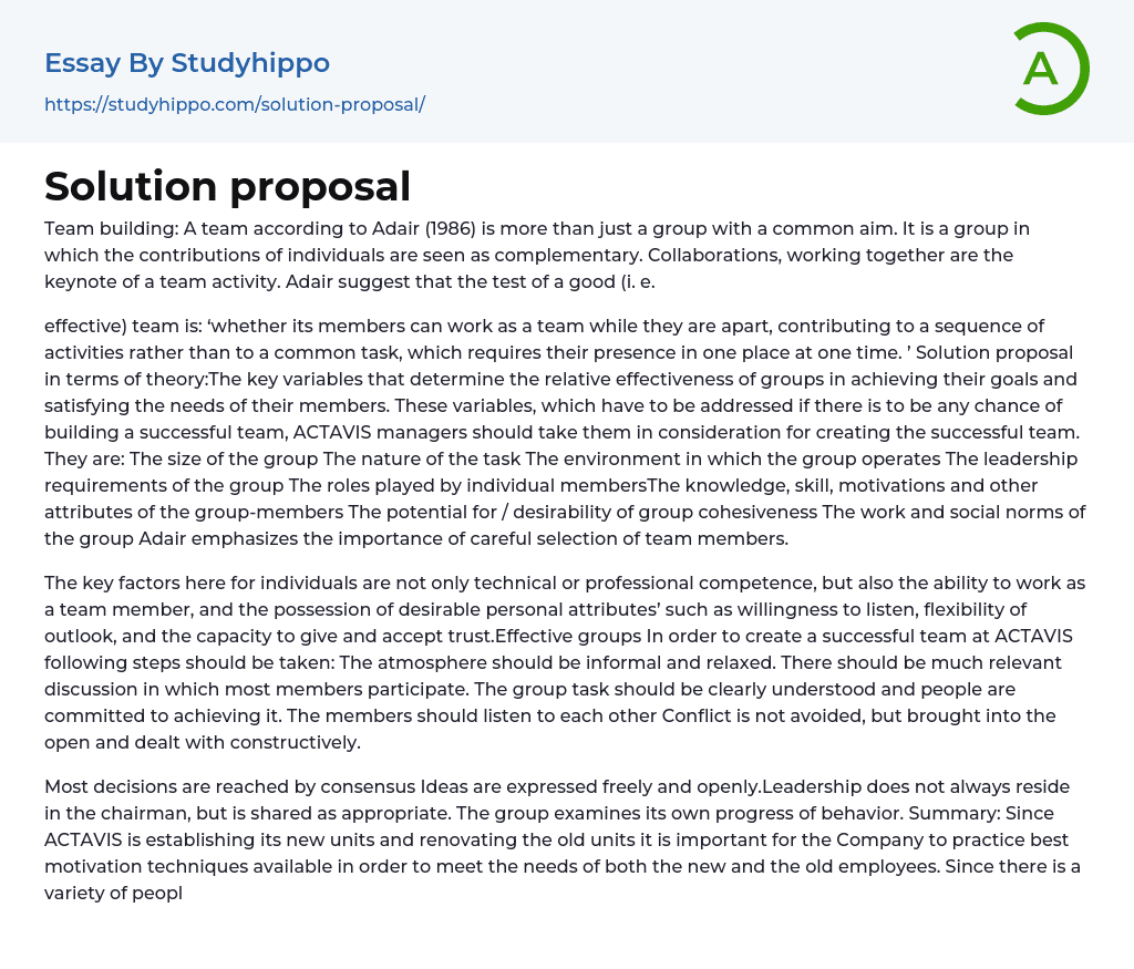 Solution proposal Essay Example