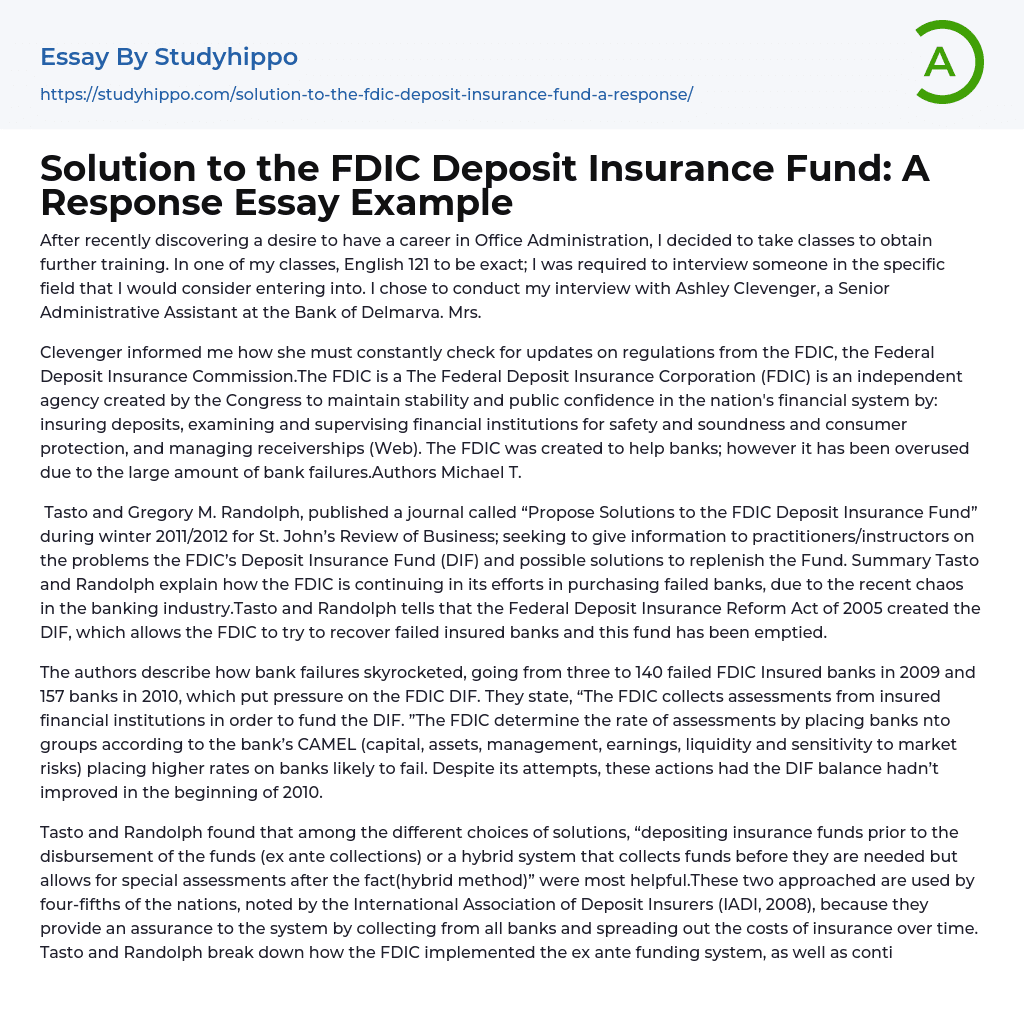 Solution to the FDIC Deposit Insurance Fund: A Response Essay Example
