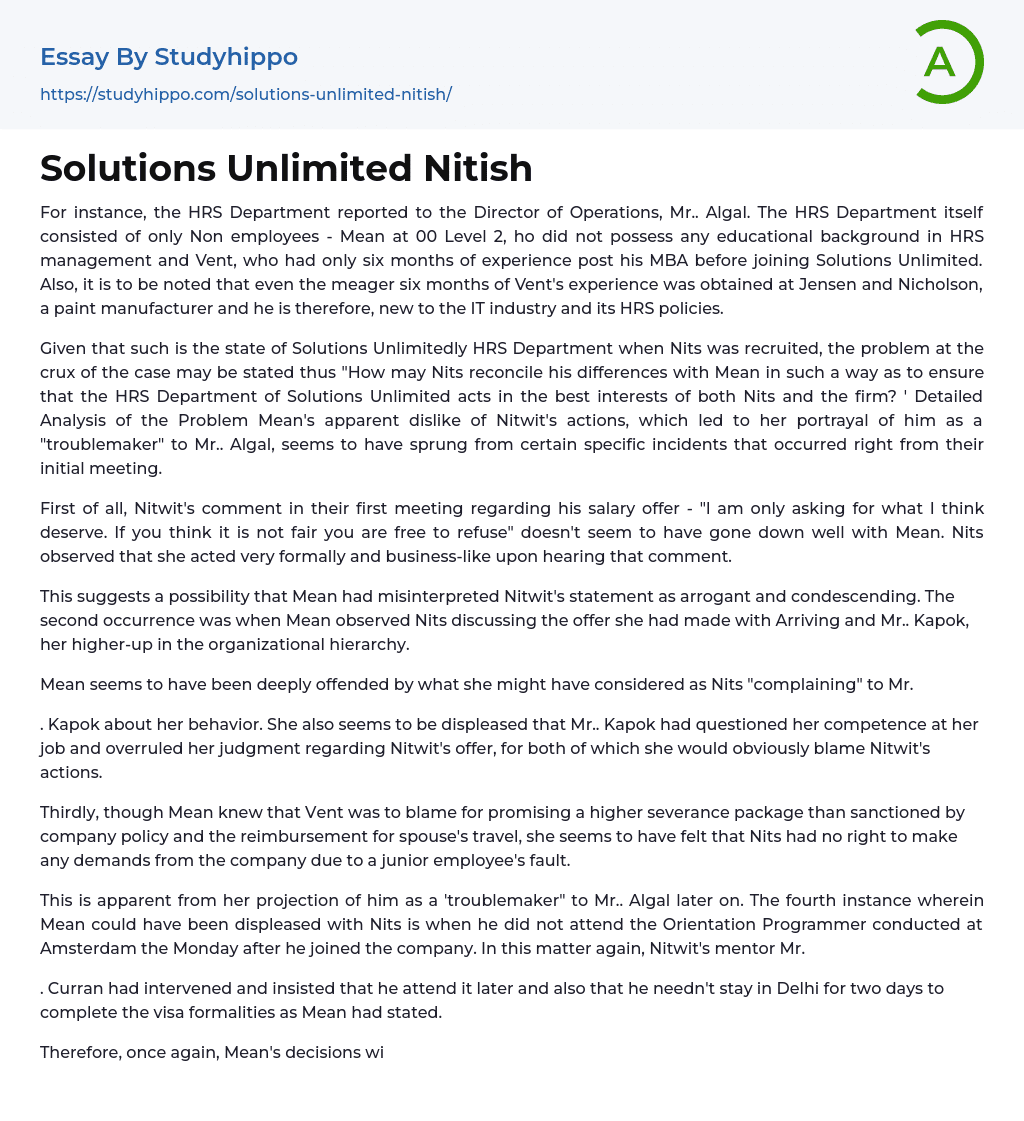 Solutions Unlimited Nitish Essay Example