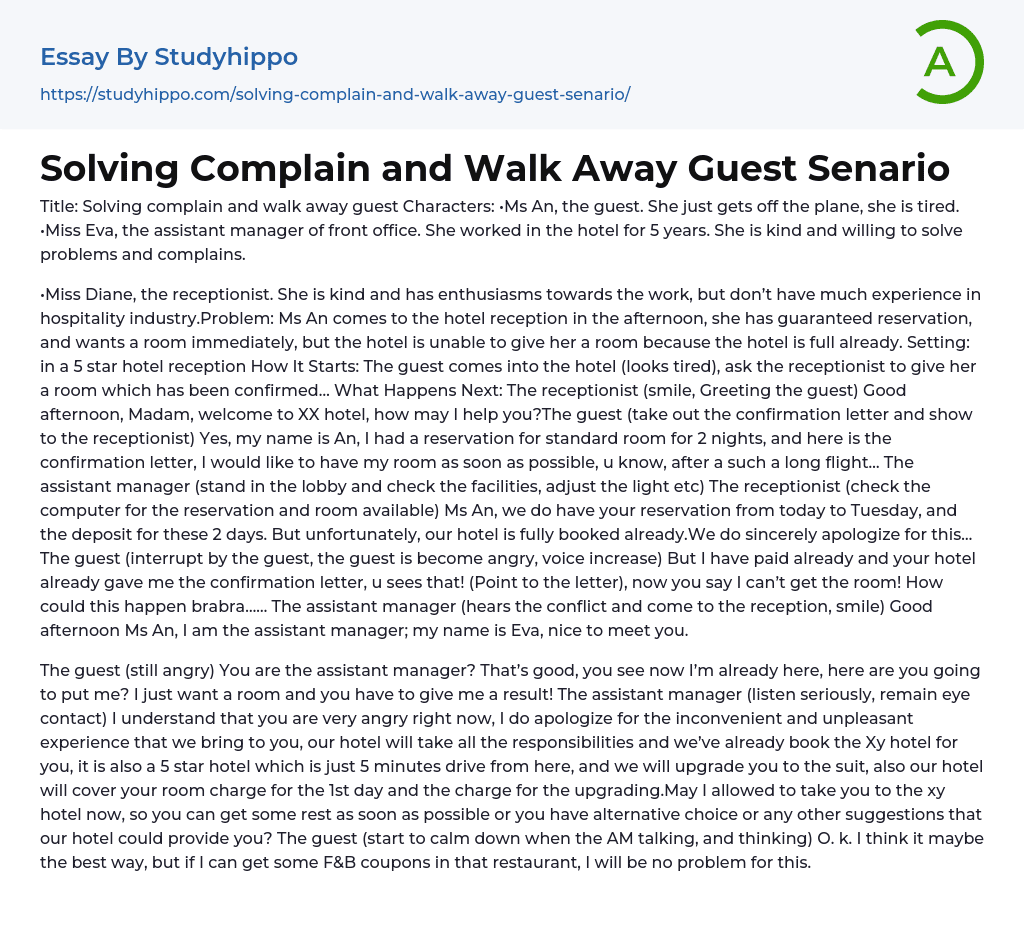 Solving Complain and Walk Away Guest Senario Essay Example