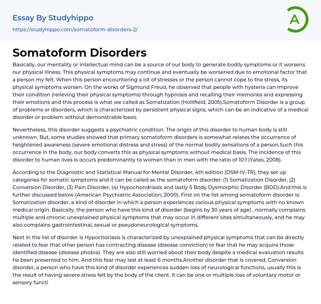 Somatoform Disorders Essay Example