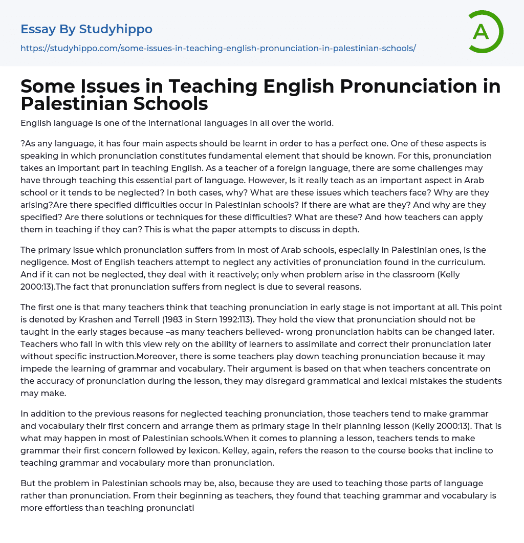 Some Issues in Teaching English Pronunciation in Palestinian Schools Essay Example