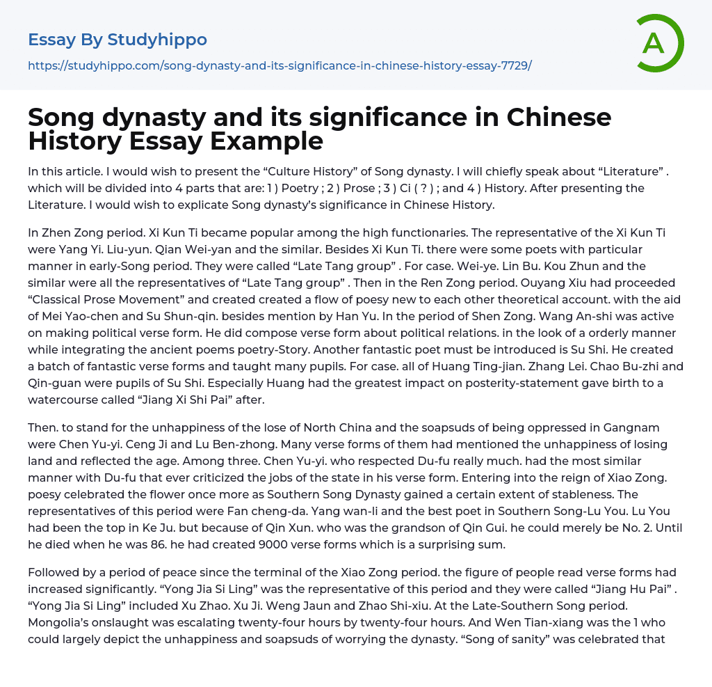 Song dynasty and its significance in Chinese History Essay Example