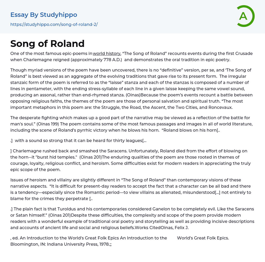 Song of Roland Essay Example