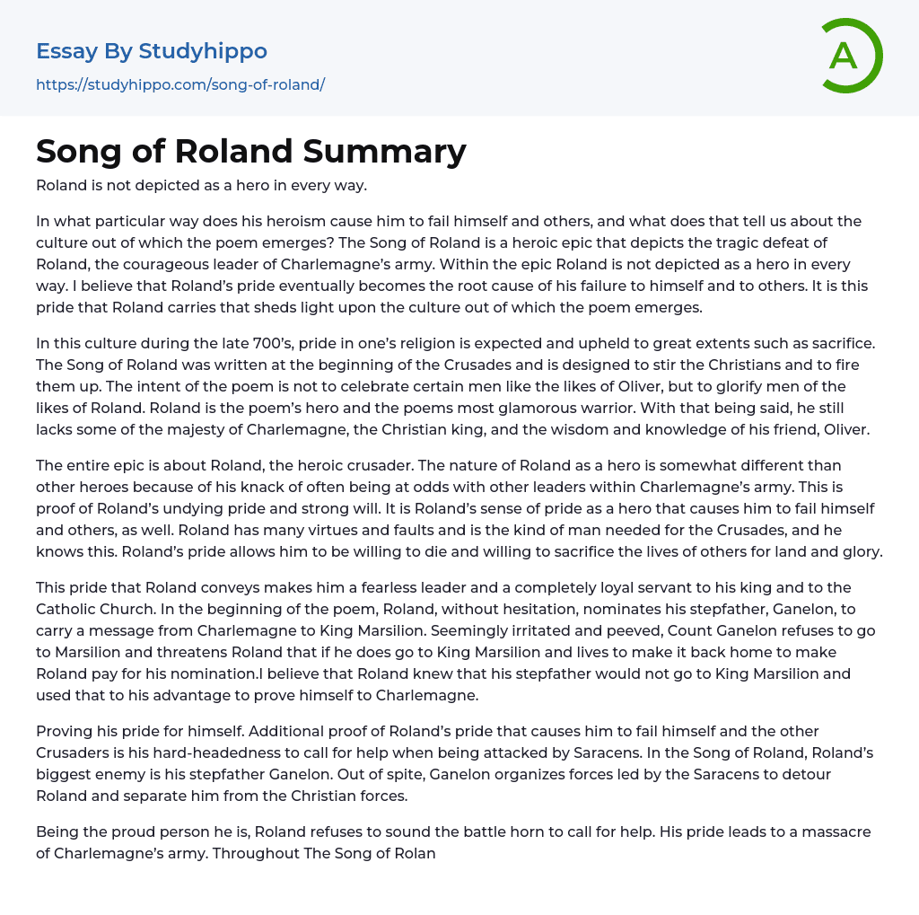 Song of Roland Summary Essay Example