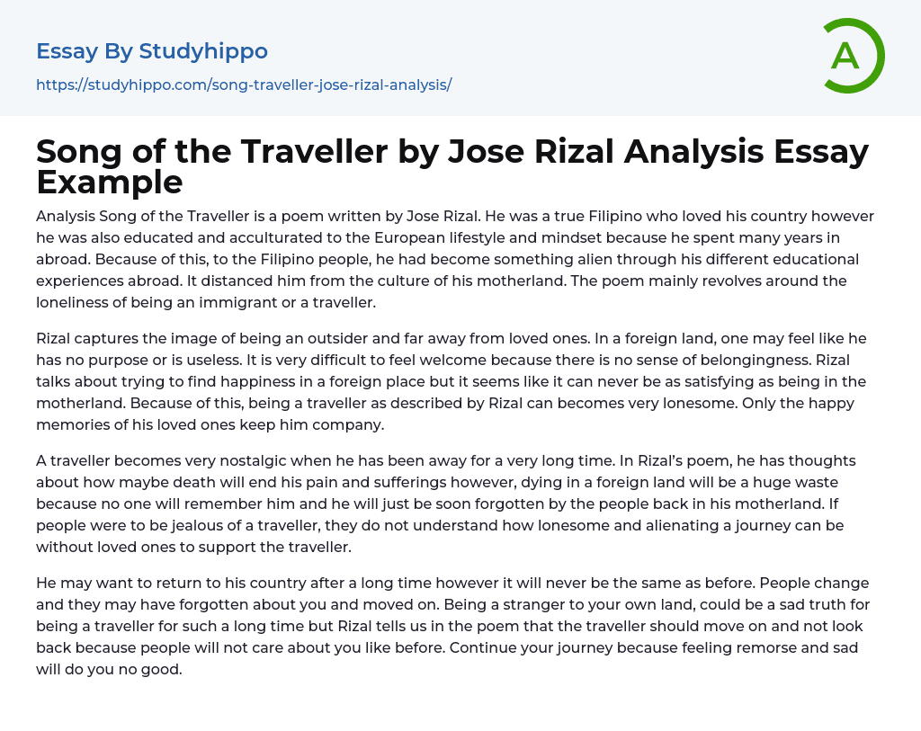Song of the Traveller by Jose Rizal Analysis Essay Example