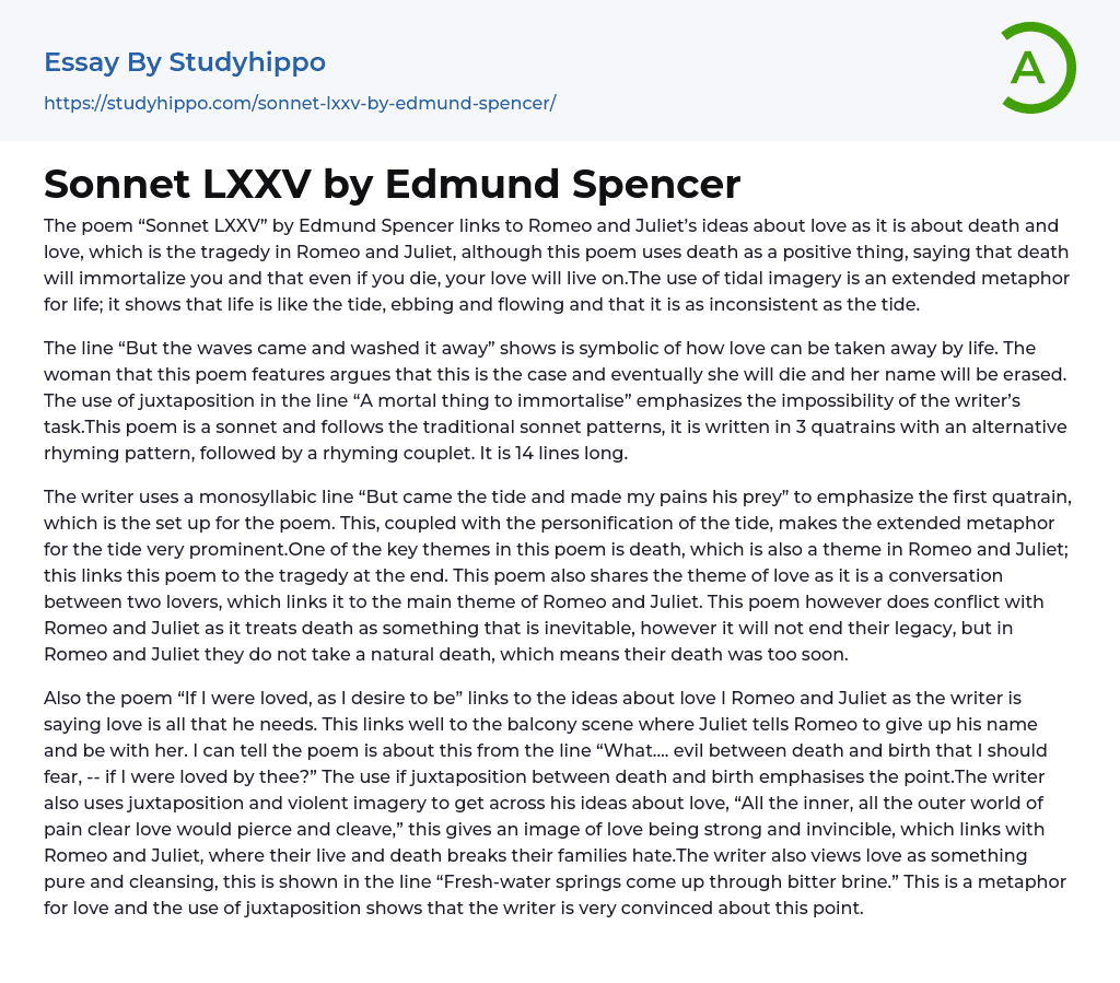 Sonnet LXXV by Edmund Spencer Essay Example