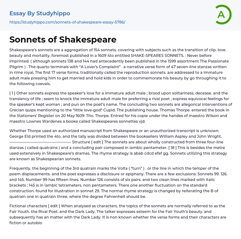Sonnets of Shakespeare Essay Example