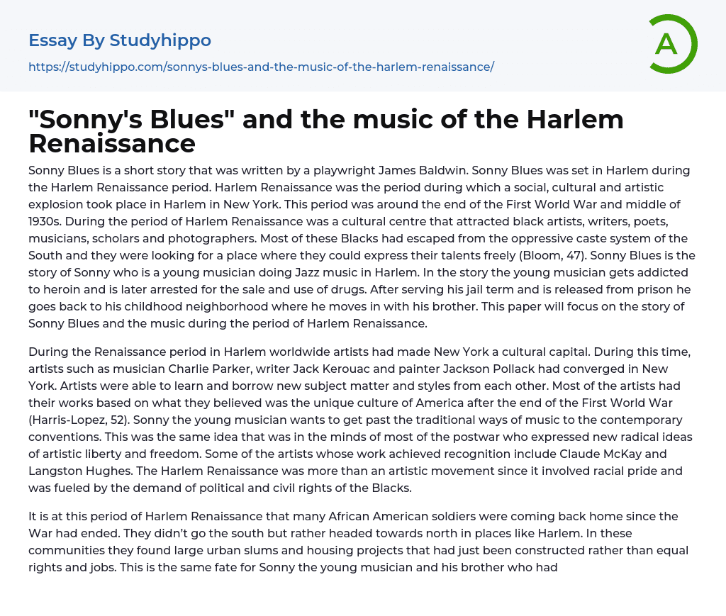 “Sonny’s Blues” and the music of the Harlem Renaissance Essay Example