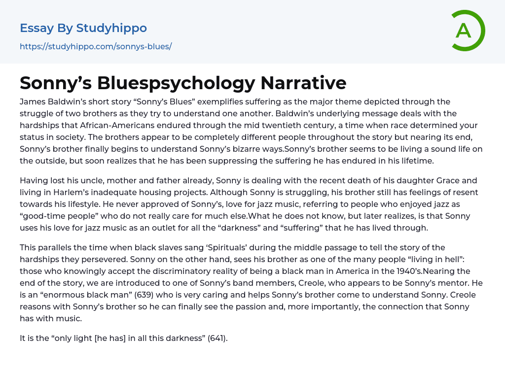 Sonny’s Bluespsychology Narrative Essay Example