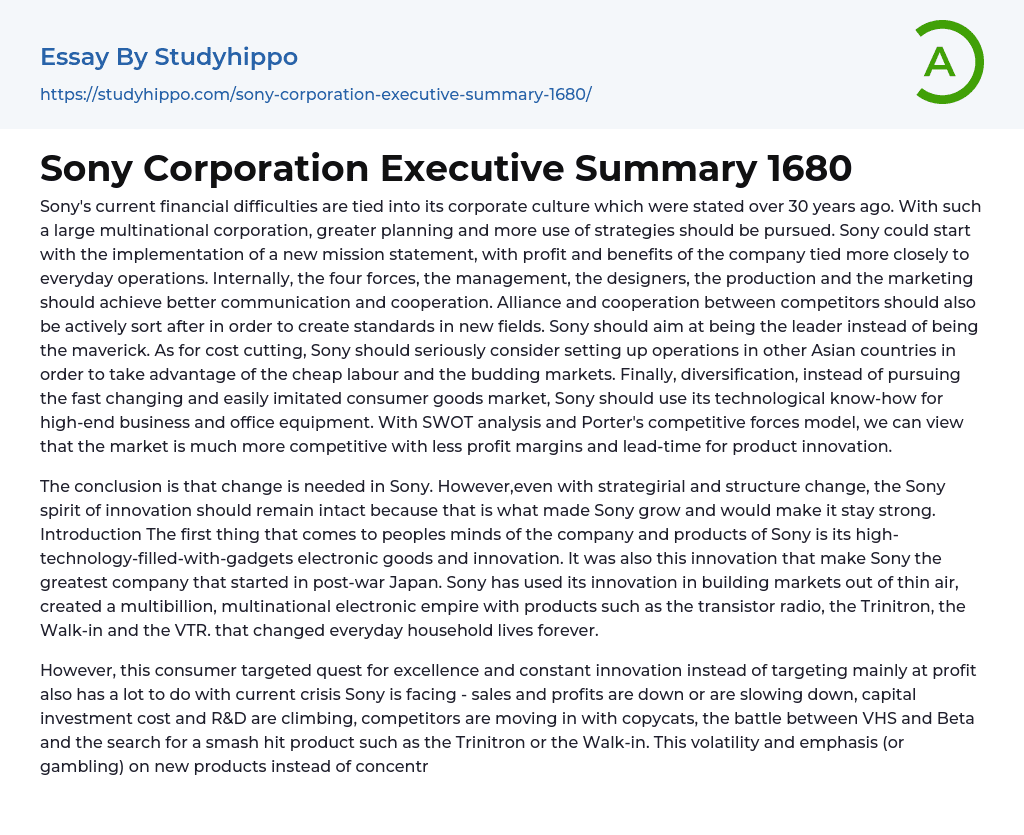 Sony Corporation Executive Summary 1680 Essay Example