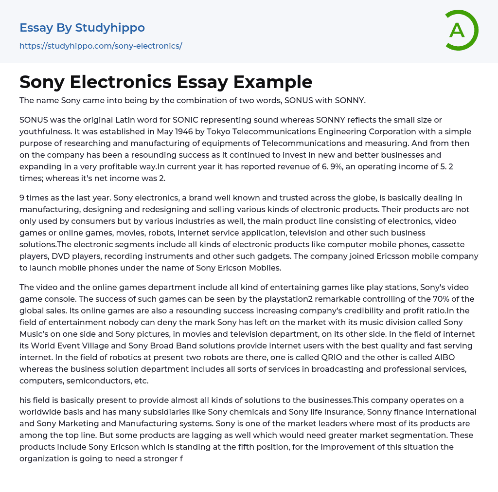 Sony Electronics Essay Example