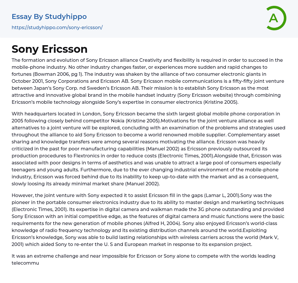 Sony Ericsson Essay Example
