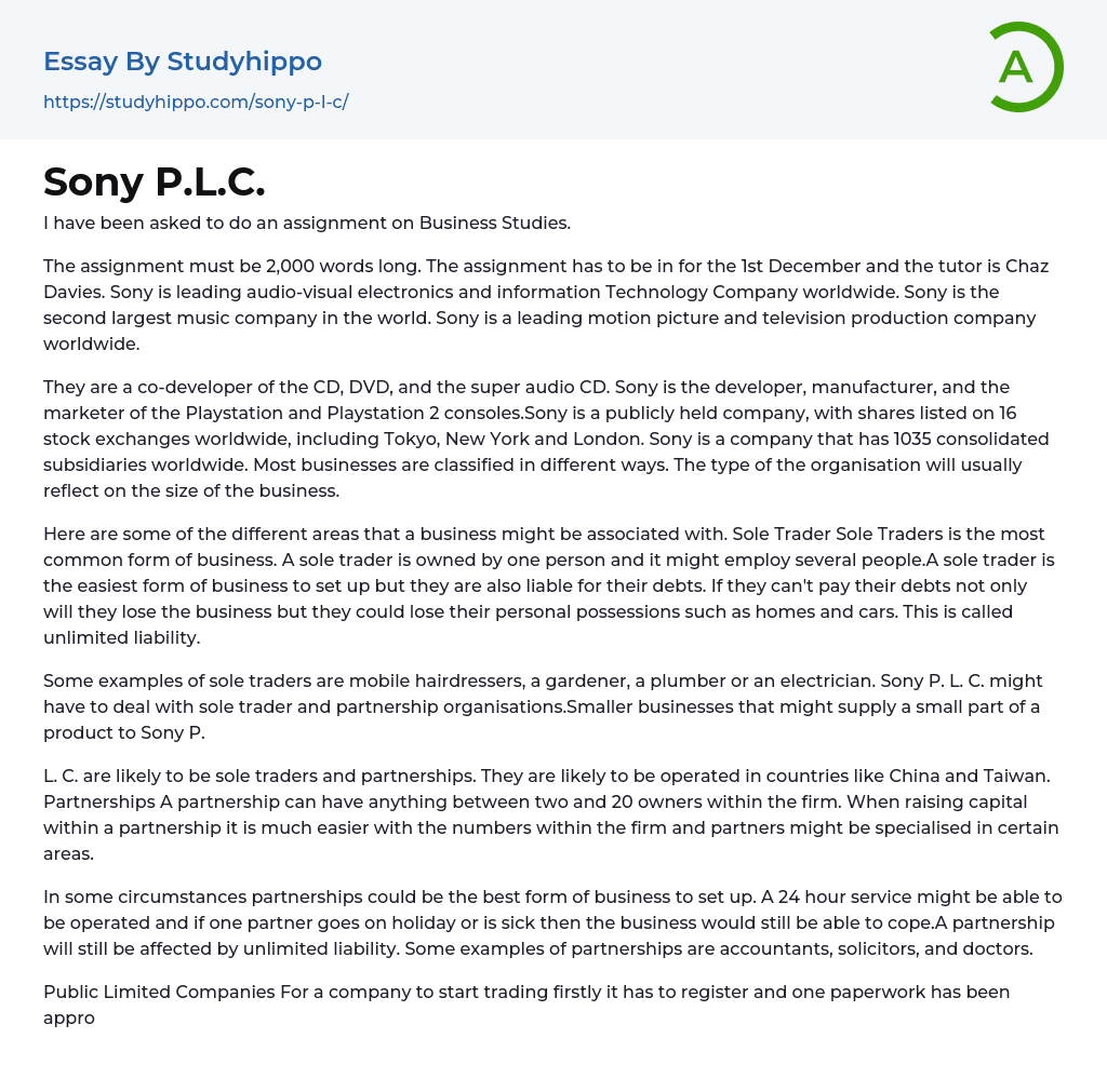 Sony P.L.C. Essay Example