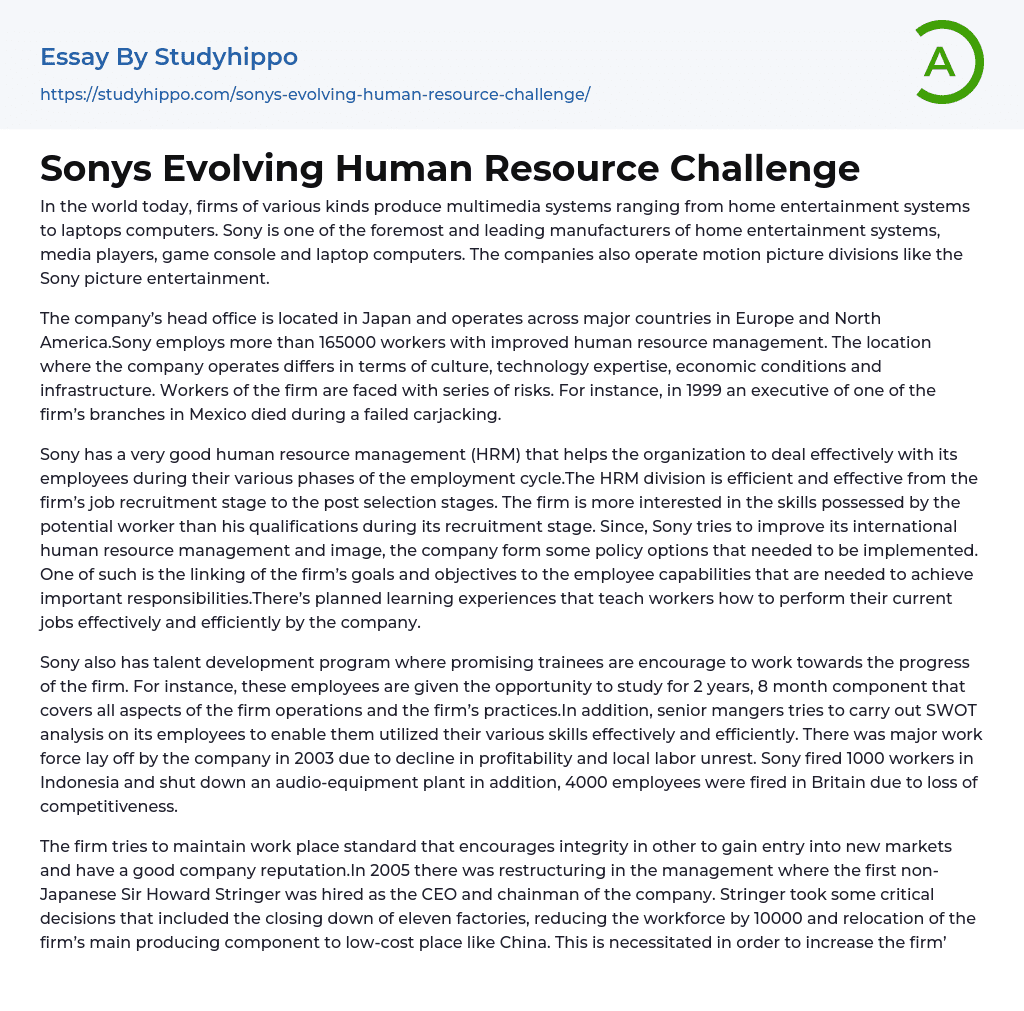 Sonys Evolving Human Resource Challenge Essay Example