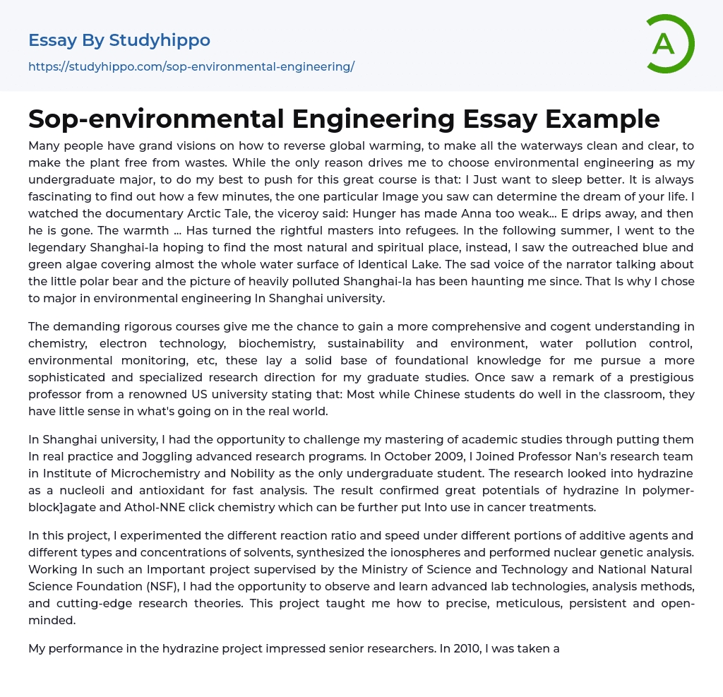 Sop-environmental Engineering Essay Example
