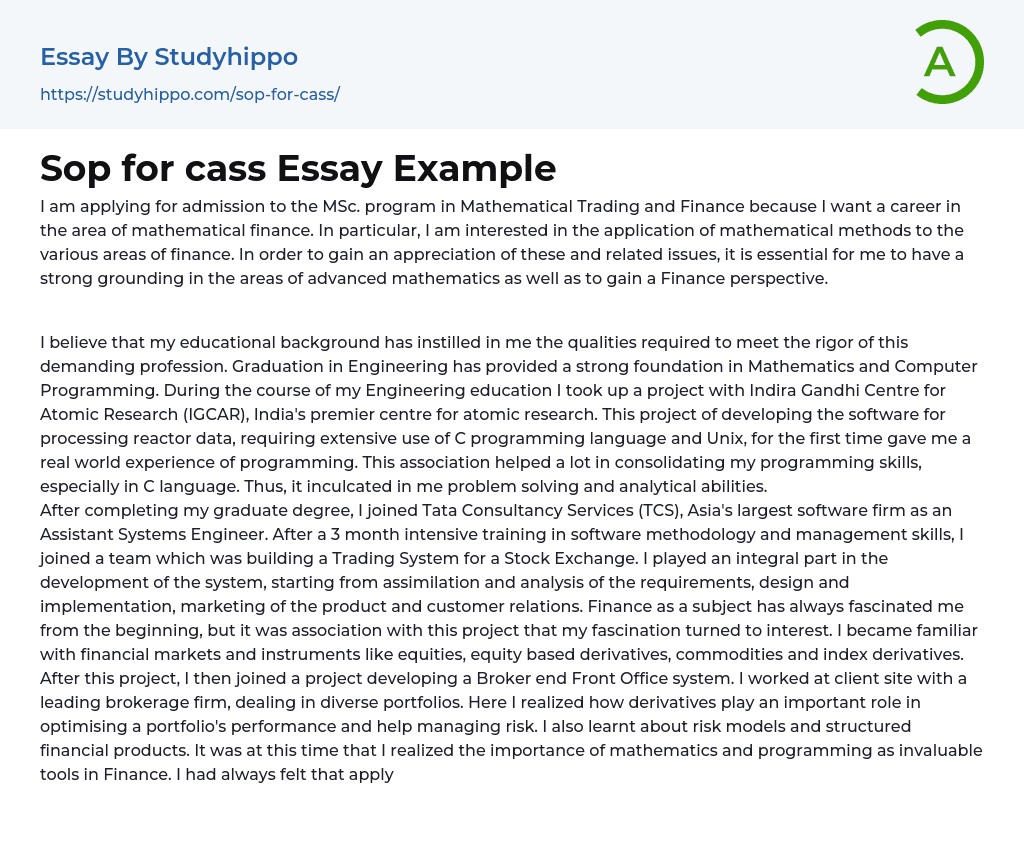 Sop for cass Essay Example